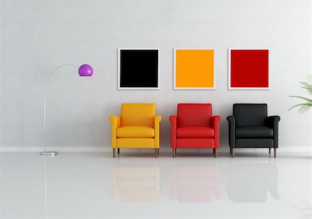 simsearch:400-04156984,k - three colored armchair in a minimalist living room - rendering Stockbilder - Microstock & Abonnement, Bildnummer: 400-04712066