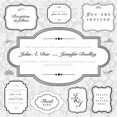 Set of vector ornate frames with sample text. Perfect as invitations or announcements. Background pattern is included as seamless swatch. All pieces are separate. Easy to change colors and edit. Stock Photo - Budget Royalty-Free & Subscription, Code: 400-04712341