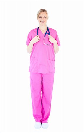 simsearch:400-04417775,k - Confident young female surgeon holding a stethoscope against white background Foto de stock - Super Valor sin royalties y Suscripción, Código: 400-04712390