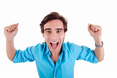 simsearch:400-04343310,k - Portrait of a very happy young man with his arms raised, isolated on white studio shot Photographie de stock - Aubaine LD & Abonnement, Code: 400-04713299