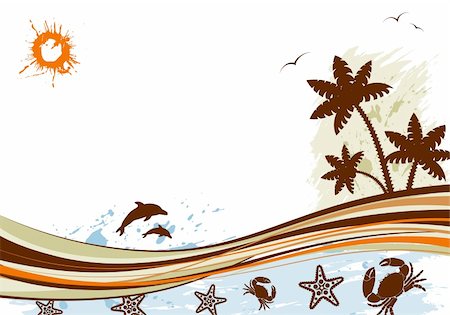 dolphin silhouette - Grunge summer background with palm tree, dolphin, starfish, crab, wave pattern, vector illustration Stock Photo - Budget Royalty-Free & Subscription, Code: 400-04713464