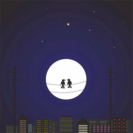Vector - Illustration of a pair of love birds sitting on a wire pole against a cityscape backdrop Stock Photo - Budget Royalty-Free & Subscription, Code: 400-04713555