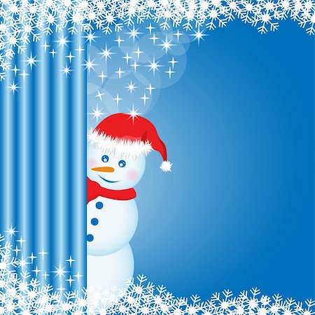 Snowman peeping behind a curtain, snowflakes and stars on blue xmas background. Copy space for text. Stock Photo - Budget Royalty-Free & Subscription, Code: 400-04724944