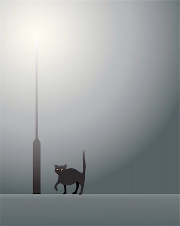 an illustration of a lamp post with yellow light on a misty evening with a black cat Stock Photo - Budget Royalty-Free & Subscription, Code: 400-04725490