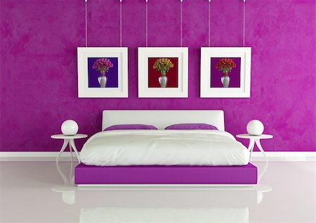 simsearch:400-04156984,k - purple modern bedroom with frame with colored roses - rendering - the art picture on wall are my rendering composition Stockbilder - Microstock & Abonnement, Bildnummer: 400-04728186