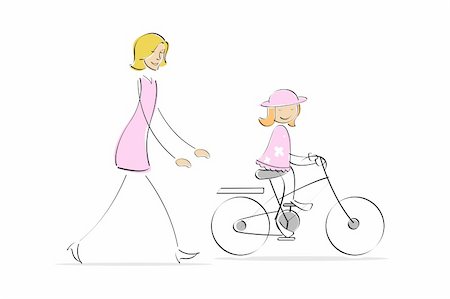 riding a bike funny pic - illustration of mother giving lesson of cyling to her daughter Stock Photo - Budget Royalty-Free & Subscription, Code: 400-04729052