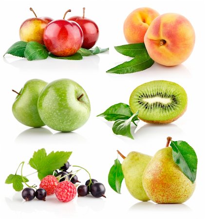 set fresh fruits with green leaves isolated on white background Stock Photo - Budget Royalty-Free & Subscription, Code: 400-04729159