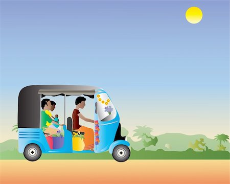 an illustration of a tuk tuk full of people and shopping in an exotic setting Stock Photo - Budget Royalty-Free & Subscription, Code: 400-04729725