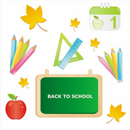 pencil and apple on teacher desk - set of colorful school icons Stock Photo - Budget Royalty-Free & Subscription, Code: 400-04720033