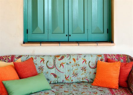 A colorful traditional sofa in the porch of a Greek island house Stock Photo - Budget Royalty-Free & Subscription, Code: 400-04720352