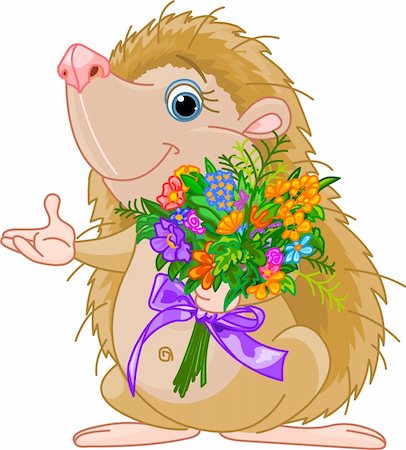 Cute little Hedgehog  giving a bouquet and pointing Stock Photo - Budget Royalty-Free & Subscription, Code: 400-04720365