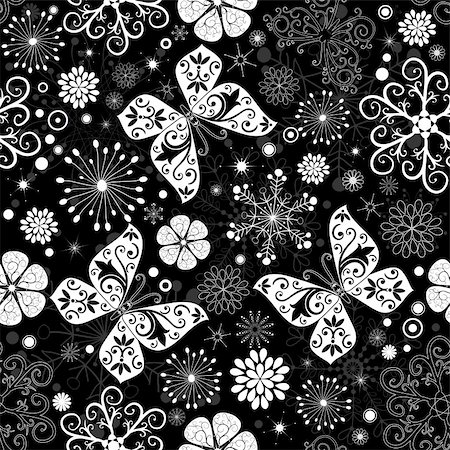 simsearch:400-04728067,k - Seamless black-white christmas graphic pattern with snowflakes, flowers and butterflies (vector) Foto de stock - Super Valor sin royalties y Suscripción, Código: 400-04720373