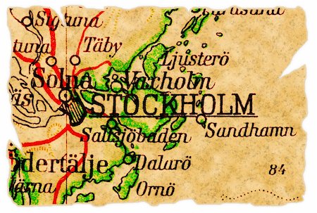 Stockholm, Sweden on an old torn map from 1949, isolated. Part of the old map series. Stock Photo - Budget Royalty-Free & Subscription, Code: 400-04721049