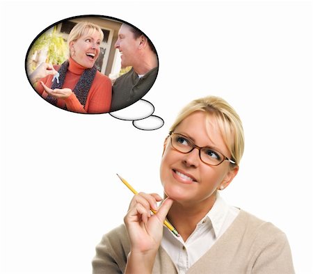 Woman with Thought Bubbles of Herself and Her Husband Getting The Keys to a New Home Isolated on a White Background. Stock Photo - Budget Royalty-Free & Subscription, Code: 400-04721715