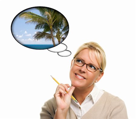 palm tree and office - Beautiful Woman with Thought Bubbles of a Tropical Place Isolated on a White Background. Stock Photo - Budget Royalty-Free & Subscription, Code: 400-04721717