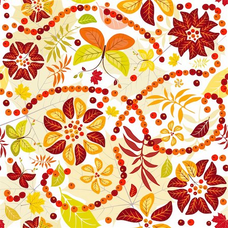 simsearch:400-04279579,k - Autumn seamless  pattern with colorful leaves, flowers and butterflies  (vector) Stock Photo - Budget Royalty-Free & Subscription, Code: 400-04722712