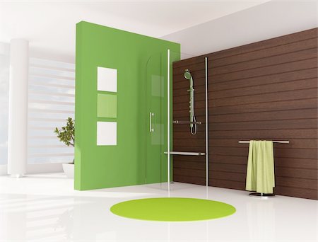 green bathroom with cabin shower and wooden panel - rendering Stock Photo - Budget Royalty-Free & Subscription, Code: 400-04722826