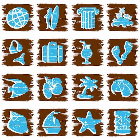 Set of 16 tropical grunge style buttons. Graphics are grouped and in several layers for easy editing. The file can be scaled to any size. Photographie de stock - Aubaine LD & Abonnement, Code: 400-04723009