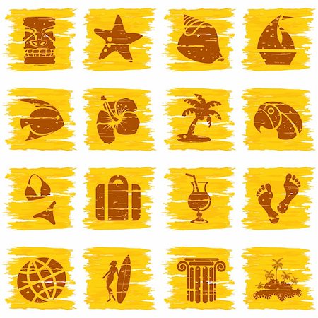 Set of 16 tropical grunge style buttons. Graphics are grouped and in several layers for easy editing. The file can be scaled to any size. Photographie de stock - Aubaine LD & Abonnement, Code: 400-04723010