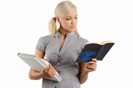 simsearch:400-06517383,k - pretty young blond student in casual dress reading a book. isolated over white Fotografie stock - Microstock e Abbonamento, Codice: 400-04723231