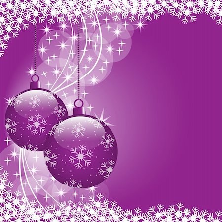 simsearch:400-05739036,k - Christmas scene with hanging ornamental purple xmas balls, snowflakes and stars. Copy space for text. Photographie de stock - Aubaine LD & Abonnement, Code: 400-04734892