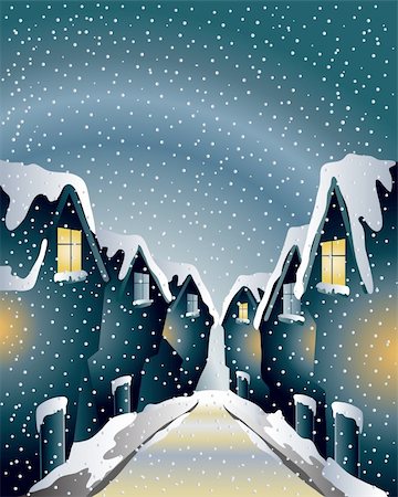 snowflakes on window - an illustration of a historical street in winter with lighted windows on a snowy day Photographie de stock - Aubaine LD & Abonnement, Code: 400-04735340