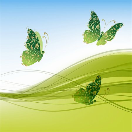 Green background with beautiful butterflies for your design Foto de stock - Super Valor sin royalties y Suscripción, Código: 400-04735457