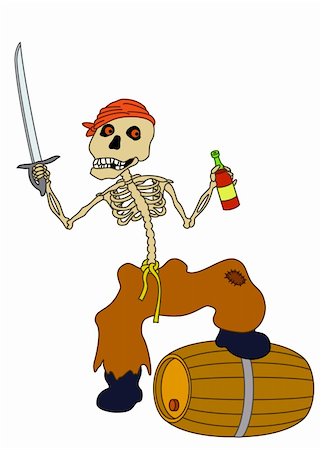 rogues - Cheerful zombie-pirate with red eyes, with a sabre in one hand and a wine bottle in another standing, having put a foot on a tun Stockbilder - Microstock & Abonnement, Bildnummer: 400-04735999