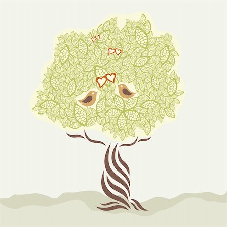 Two love birds and stylized tree vector illustration Stock Photo - Budget Royalty-Free & Subscription, Code: 400-04737636