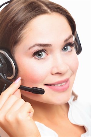 simsearch:400-04801703,k - Pretty caucasian woman with headset smiling during a telephone conversation. Foto de stock - Super Valor sin royalties y Suscripción, Código: 400-04737686