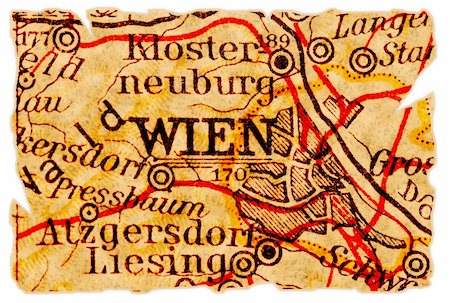 pontuse (artist) - Vienna or Wien, Austria on an old torn map from 1949, isolated. Part of the old map series. Stockbilder - Microstock & Abonnement, Bildnummer: 400-04738271