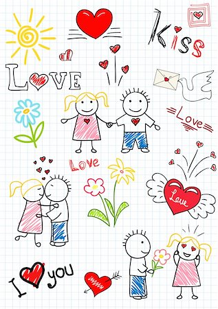 painted happy flowers - Vector drawings - romantic couple. Sketch on notebook page Stock Photo - Budget Royalty-Free & Subscription, Code: 400-04738486