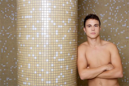 sport bathroom - sexy man crossed arms in tiled background posing Stock Photo - Budget Royalty-Free & Subscription, Code: 400-04738483
