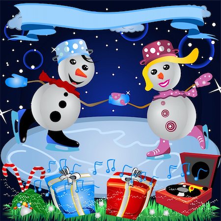 Vector illustration of a snowman couple dancing on ice with decorations and a space for a banner. Stock Photo - Budget Royalty-Free & Subscription, Code: 400-04738746
