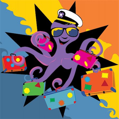 simsearch:400-06095589,k - Abstract vector illustration of a smiling octopus with his sunglasses and a captain hat, holding suitcases. Stock Photo - Budget Royalty-Free & Subscription, Code: 400-04738748