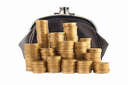 simsearch:400-04739674,k - Purse and many golden coins in columns isolated on white background. Business concept. Photographie de stock - Aubaine LD & Abonnement, Code: 400-04739032