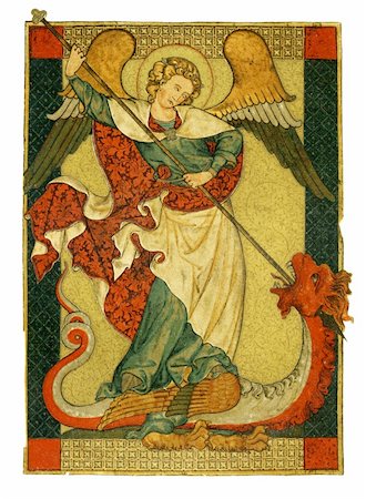 A stunning illustration of the archangel Saint Michael from Jewish, Christian, and Islamic tradition trampling Satan, Lucifer,  the Devil. It is in an antique illuminated manuscript style. The angel stands on Satan in the form of a dragon holding a spear aloft ready to strike. Good triumphing over evil.  This is a reproduction of a late 13th Century illustration scanned and lovingly restored from Stock Photo - Budget Royalty-Free & Subscription, Code: 400-04739476