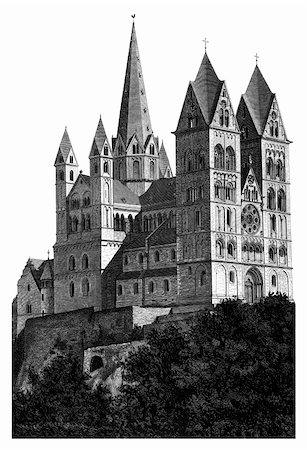 Limburg Cathedral Church (Dom). Wonderfully detailed reproduction of a woodcut woodblock print scanned and lovingly restored from an 1885 edition of Geschichte der Deutschen Kunst (Art Illustrated) volume 1 from the up-loaders personal archive. Fotografie stock - Microstock e Abbonamento, Codice: 400-04739482