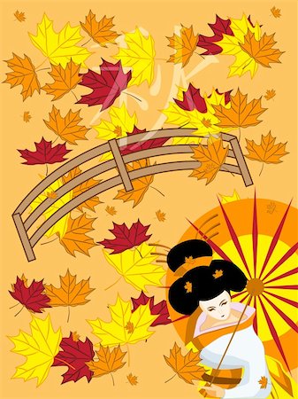 vector japanese geisha on autumn background Stock Photo - Budget Royalty-Free & Subscription, Code: 400-04739490