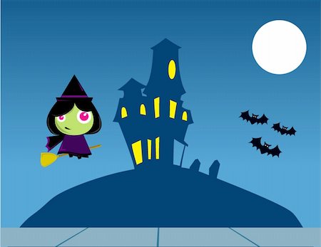 Witch Cartoon Flying over a House on Halloween. Stock Photo - Budget Royalty-Free & Subscription, Code: 400-04739806