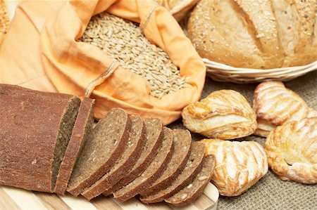 Variety of Bread, pastries and sack with grains Stock Photo - Budget Royalty-Free & Subscription, Code: 400-04731492