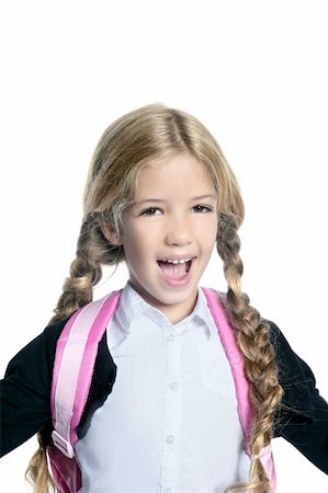 little blond school girl with backpack bag portrait isolated on white background Stock Photo - Budget Royalty-Free & Subscription, Code: 400-04731578