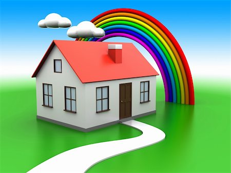 abstract 3d illustration of house on green meadow, with rainbow and clouds at background Stock Photo - Budget Royalty-Free & Subscription, Code: 400-04732114