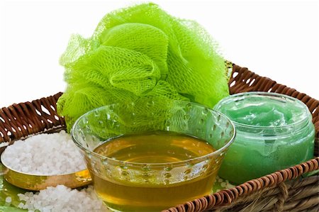 Bast, salt for a bath, a body scrub and honey in a wattled basket Stock Photo - Budget Royalty-Free & Subscription, Code: 400-04732666
