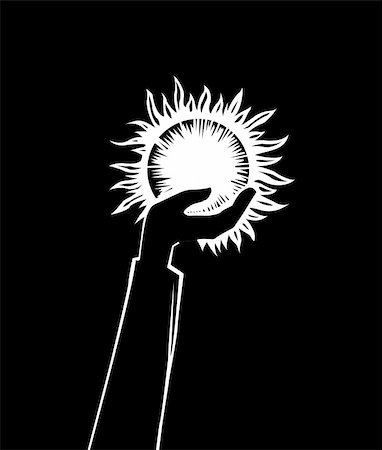 fingers outline drawing - silhouette of the hand holding sun on black background Stock Photo - Budget Royalty-Free & Subscription, Code: 400-04732863