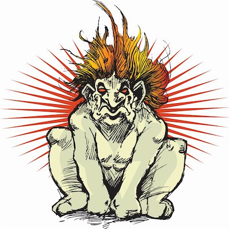 fire energy clipart - Scary troll with fiery hair, green muscular skin, red eyes, and energy burst in background. Stock Photo - Budget Royalty-Free & Subscription, Code: 400-04732938