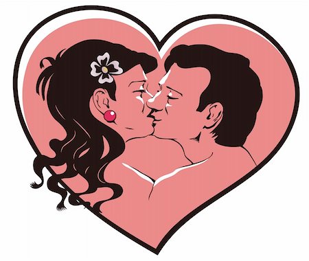 pretty girls face line drawing - Vector image kissing pairs on background heart Stock Photo - Budget Royalty-Free & Subscription, Code: 400-04733130