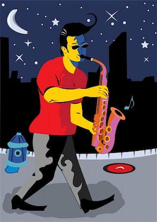 simsearch:400-04620356,k - Vector illustration of a young man walking on the street at night playing the saxophone Stock Photo - Budget Royalty-Free & Subscription, Code: 400-04733540