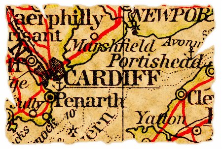pontuse (artist) - Cardiff, Wales UK on an old torn map from 1949, isolated. Part of the old map series. Stockbilder - Microstock & Abonnement, Bildnummer: 400-04733669