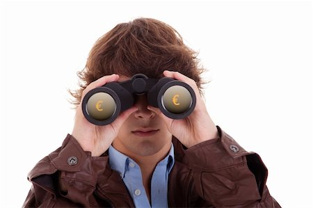 simsearch:400-06744095,k - Young man looking through binoculars, with symbol of money, isolated on white, studio shot Stock Photo - Budget Royalty-Free & Subscription, Code: 400-04745190